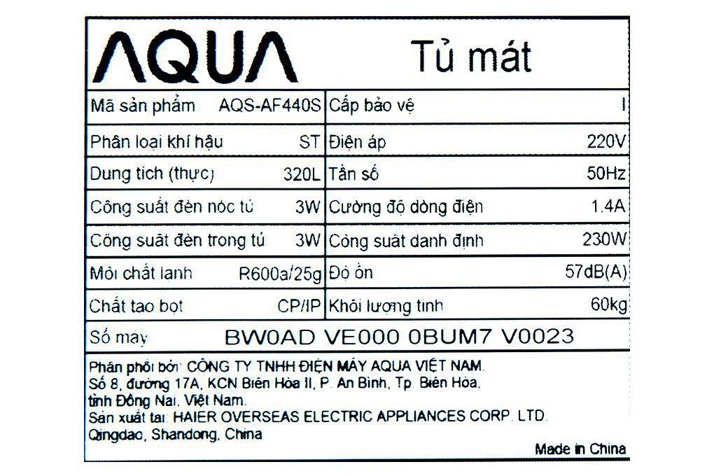 Tủ mát Aqua 320 lít AQS-AF440S