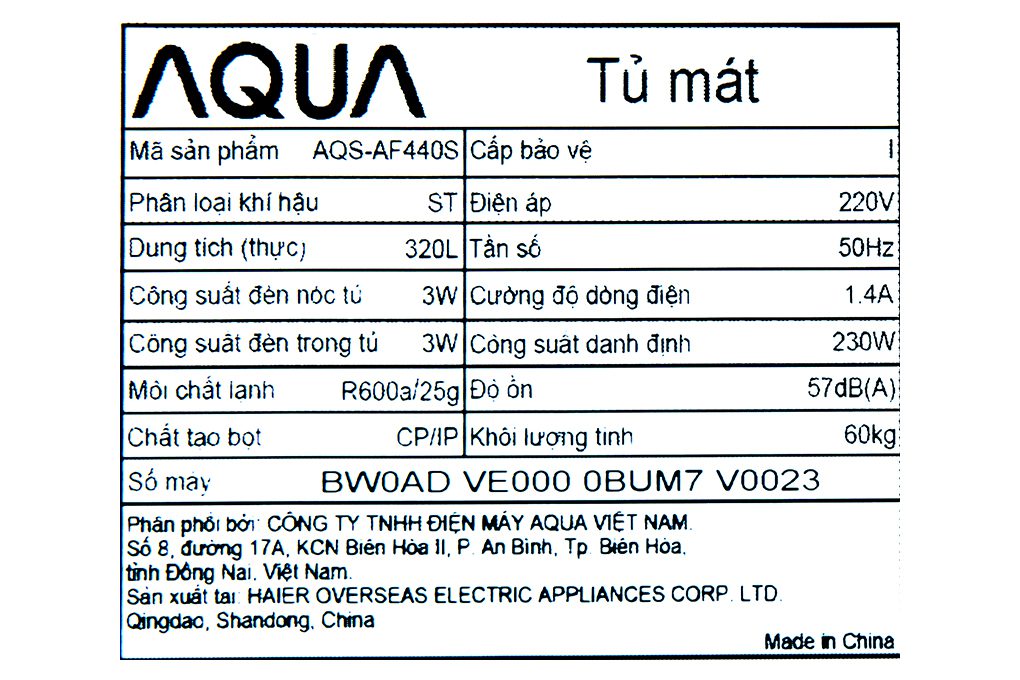 Tủ mát Aqua 320 lít AQS-AF440S