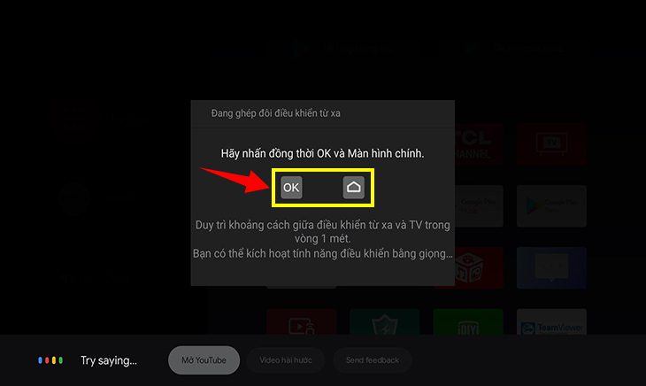 Nhấn phím Ok và Home để kết nói remote với tivi