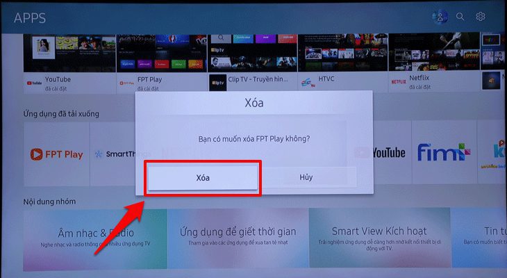 Chọn xóa để gỡ bỏ ứng dụng khỏi tivi Aqua 
